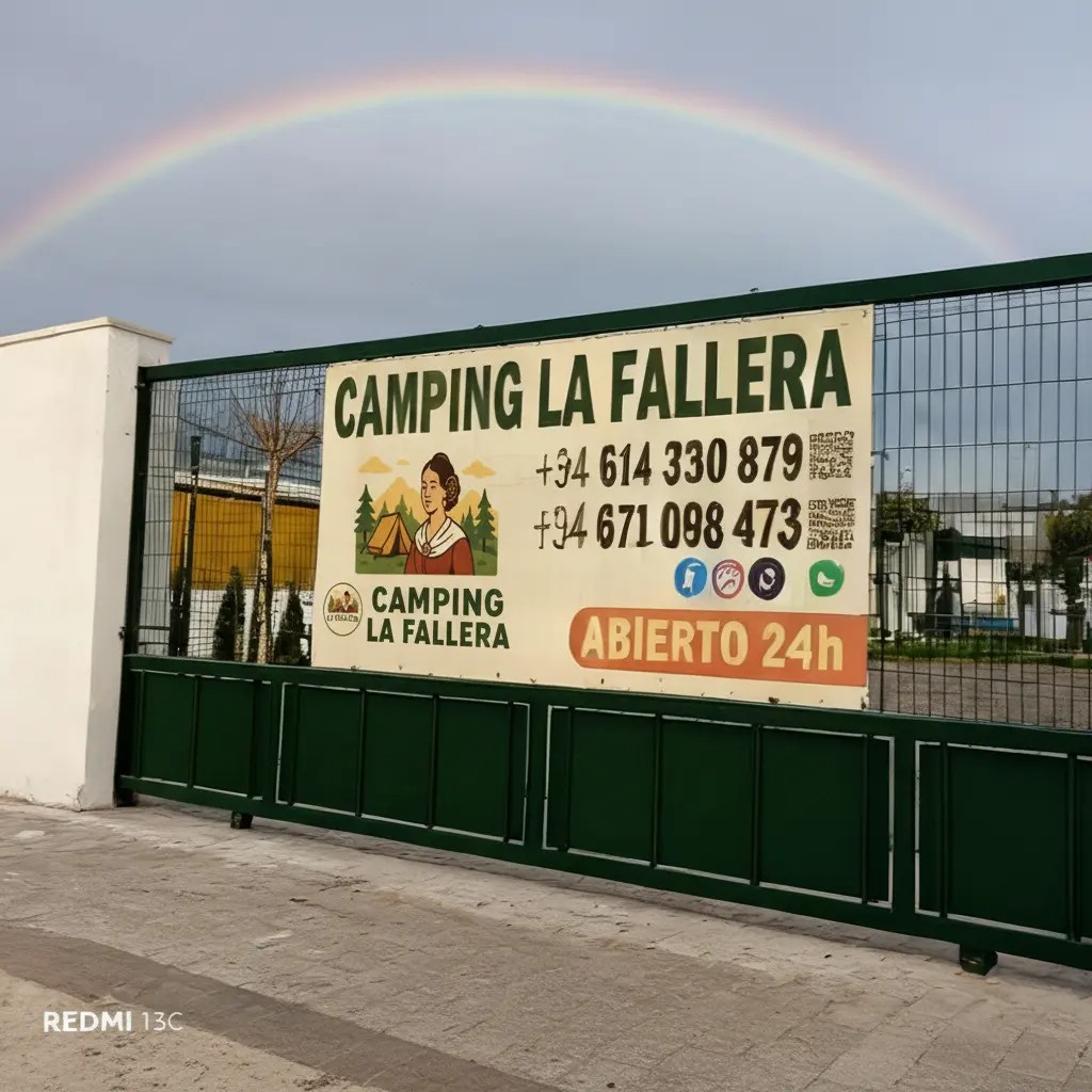 Fachada principal y teléfonos de contacto del Camping La Fallera en Valencia.